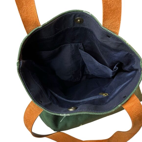 Market Tote Bag Canvas Fully Lined Leather Handles Green Patterned NRF Logo - Picture 9 of 10